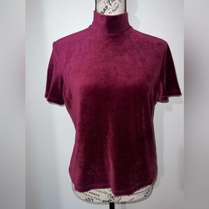 Brooks Brothers Deep Burgundy Velvet Mock Neck Short Sleeve Top - Size M